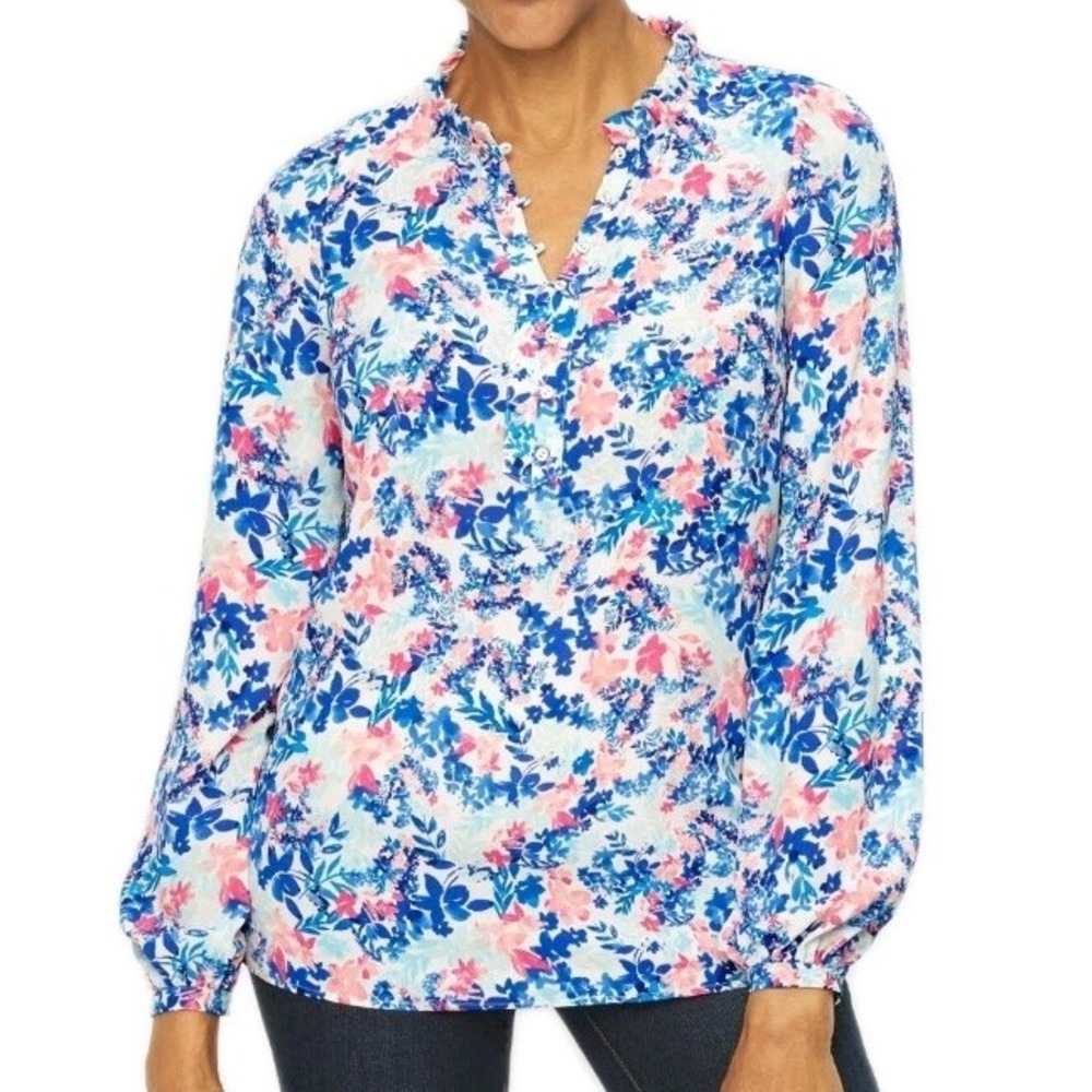 Talbots Ruffle Trim Popover Blouse Womens Size 1X Floral Leafy Garden Office Top